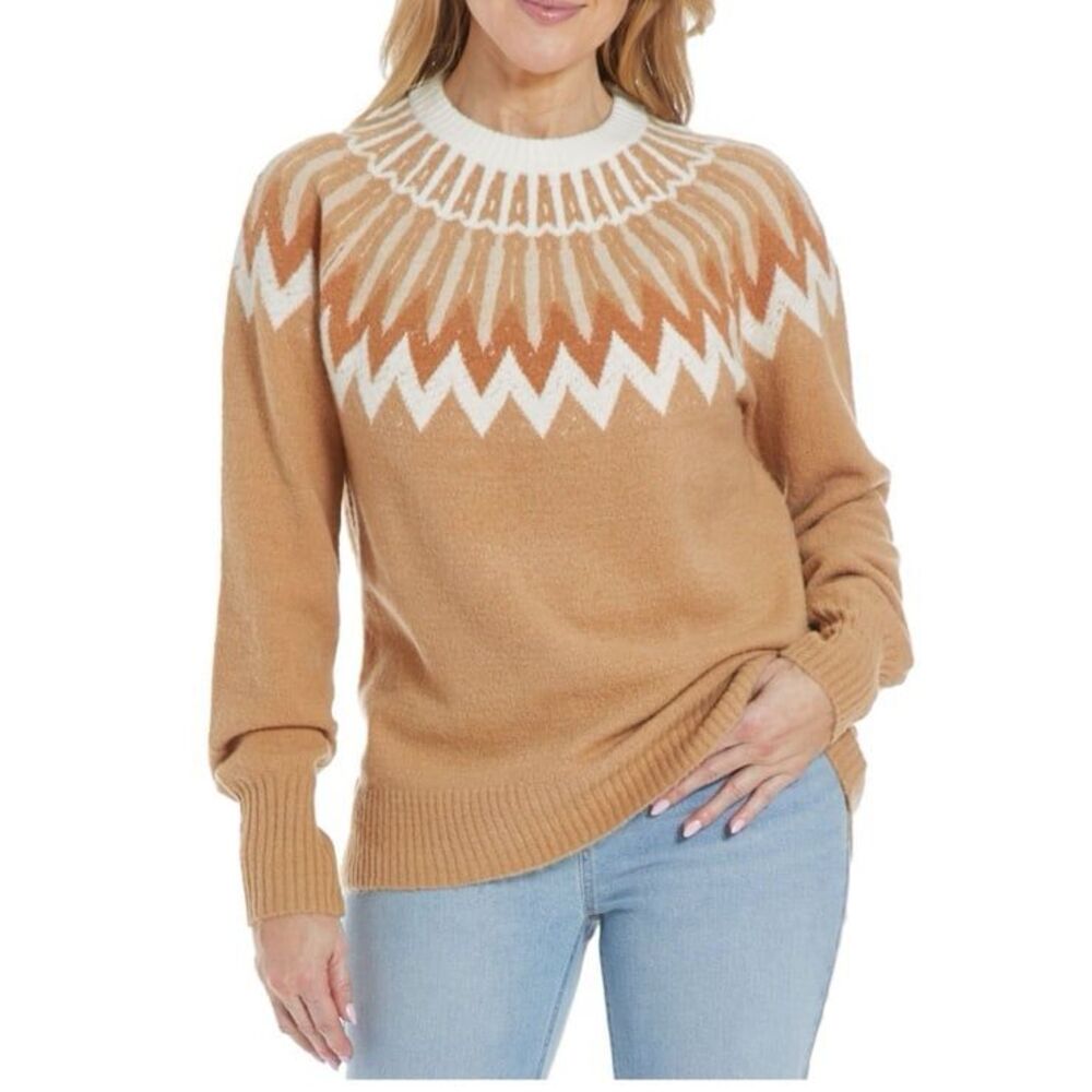 French Connection Essentials Ladies Sweater Camel Fair Isle Color Size XS NEW